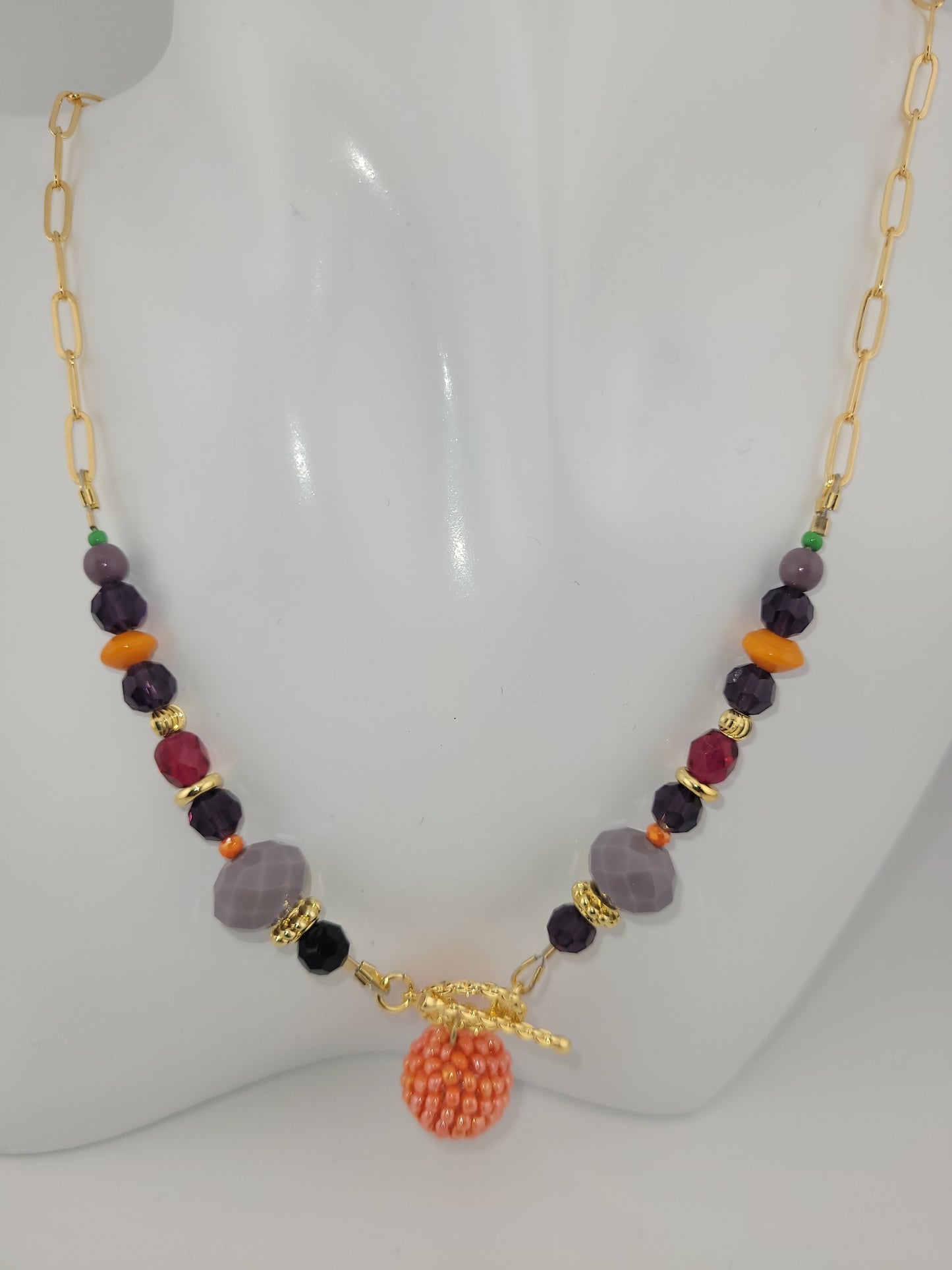 Collier en perle de verre Orange et Lilas