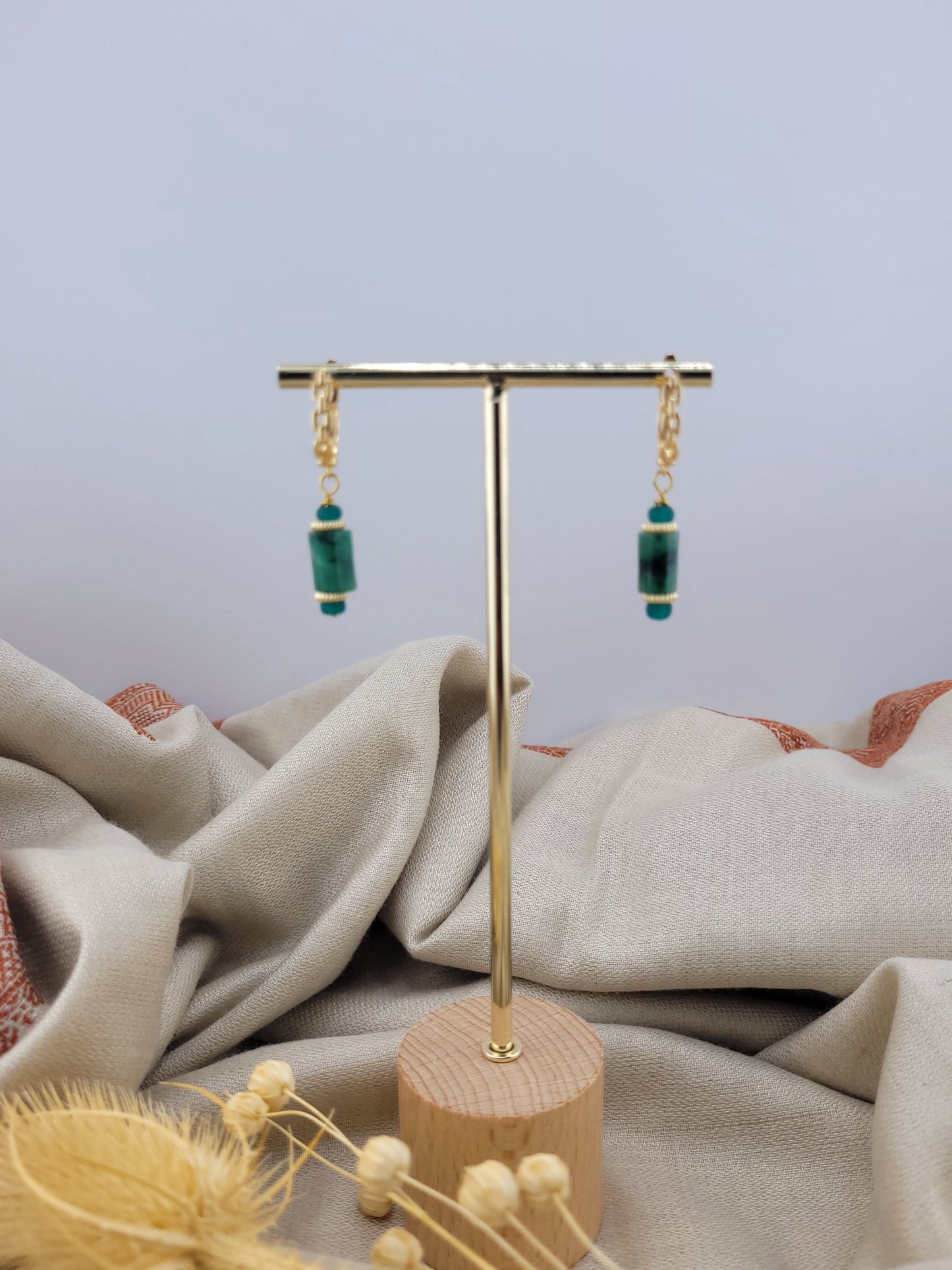 Boucles d'oreilles dormeuse émeraude Tanjavur