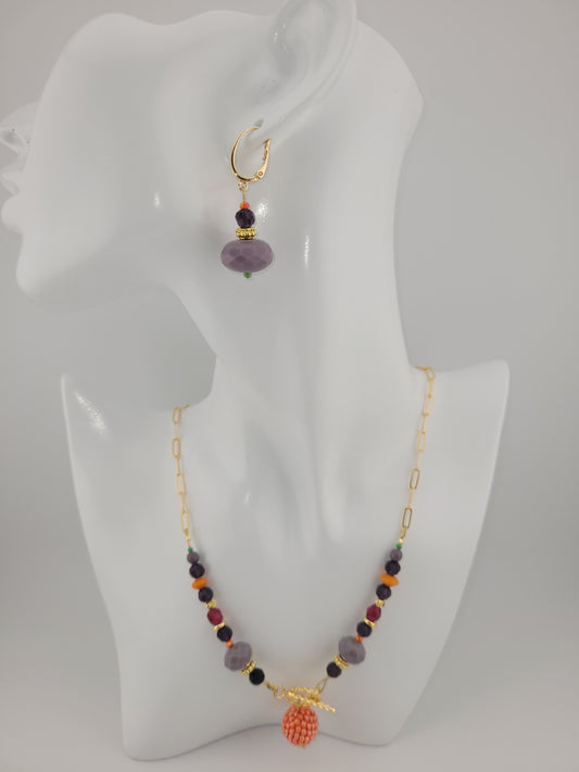 Boucles d'oreilles pendantes Orange et lilas