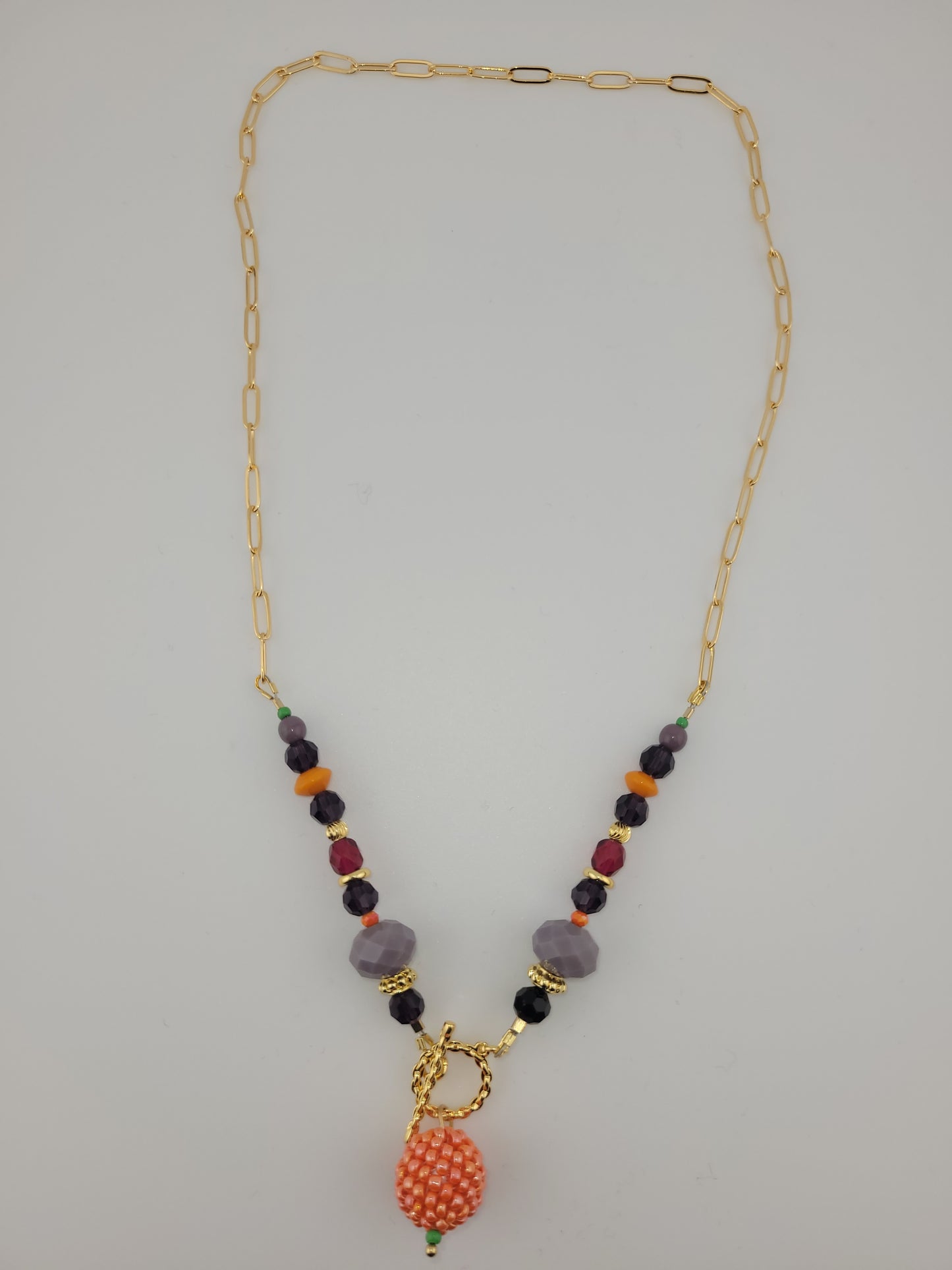 Collier en perle de verre Orange et Lilas