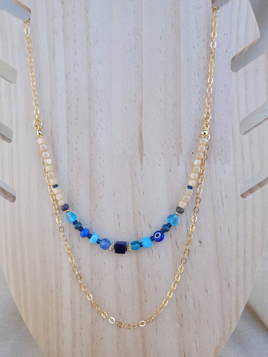 Collier multi rang en perles bleu Mandurai