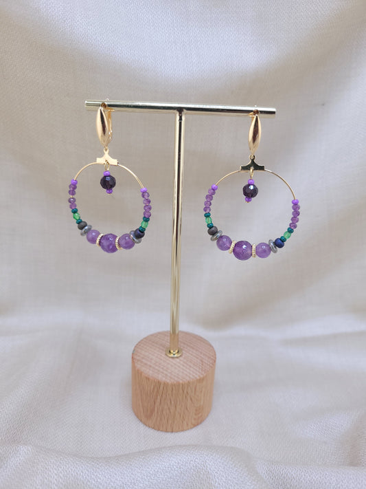 Boucles d'oreilles créoles en perles d'améthyste Sao Polo