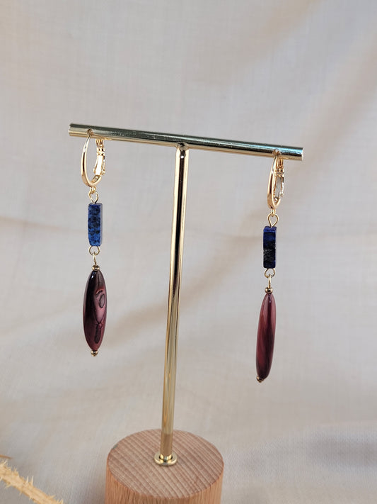 Boucles d'oreilles pendantes en perles coquillage Rouge Bordeau et lapis Lazuri Imperatriz